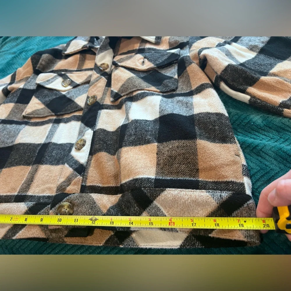 Time & True Plaid Shacket Pockets Black,Tan,&White Cottagecore Whimsy Urban - Picture 8 of 11